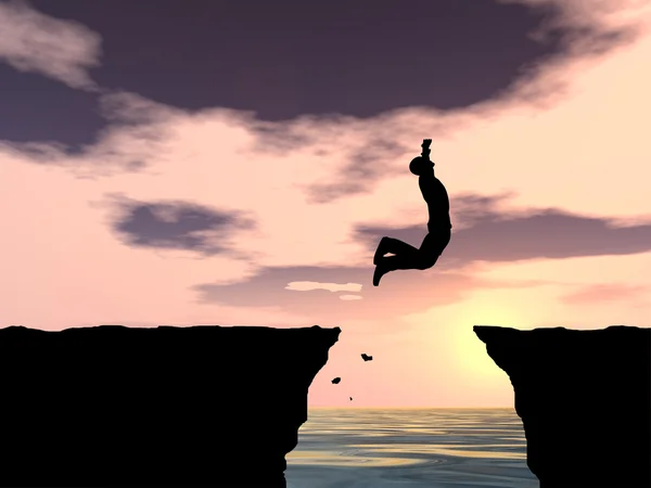 Businessman silhouette jumping from cliff — Stock Photo, Image