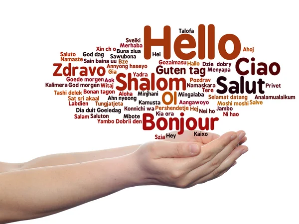 Abstract greeting word cloud on hands — Stock Photo, Image