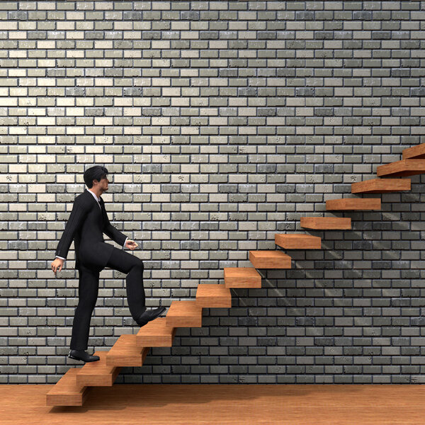 Concept or conceptual 3D man or businessman climbing on a stair or steps near a wall background