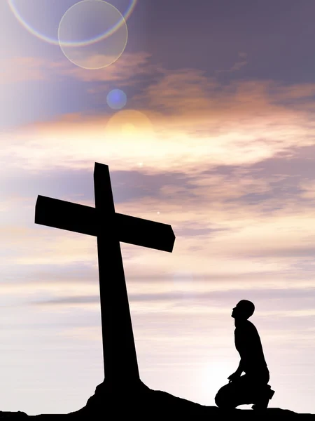 Cross and man silhouette in rocks — Stock Photo, Image