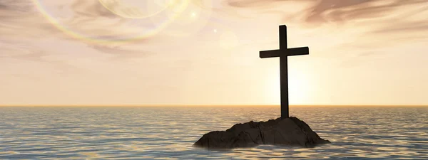 基督教的十字架，在岩石的小岛上 — 图库照片