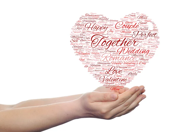 Den svatého Valentýna wordcloud v rukou — Stock fotografie