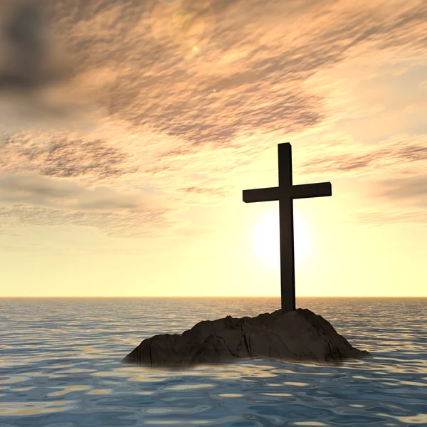 Християнський хрест на маленький острів рок — стокове фото