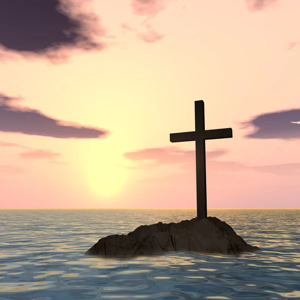 Christian cross on a little rock island — Stock Photo, Image