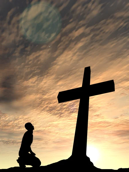 Cross and man silhouette in rocks — Stock Photo, Image