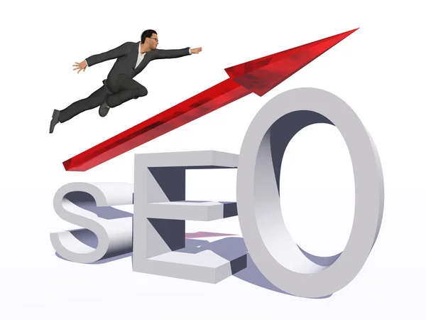 Businessman jumping over a seo symbol — Stock Photo, Image