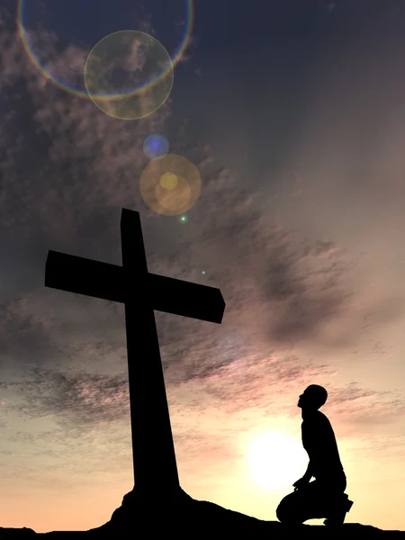 Cross and man silhouette in rocks — Stock Photo, Image