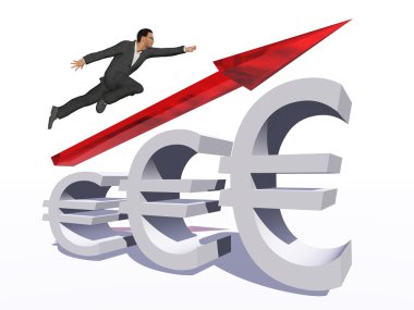 Euro simgesi üzerinde atlama işadamı 