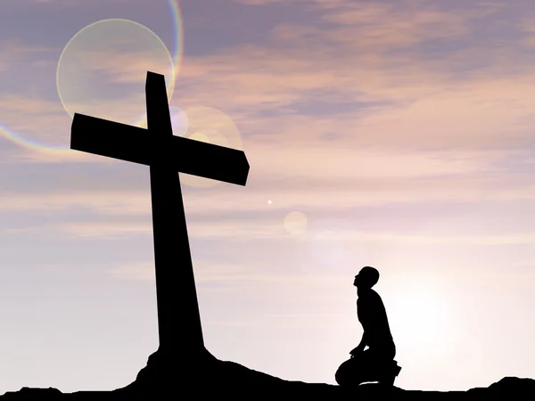 Cross and man silhouette in rocks — Stock Photo, Image