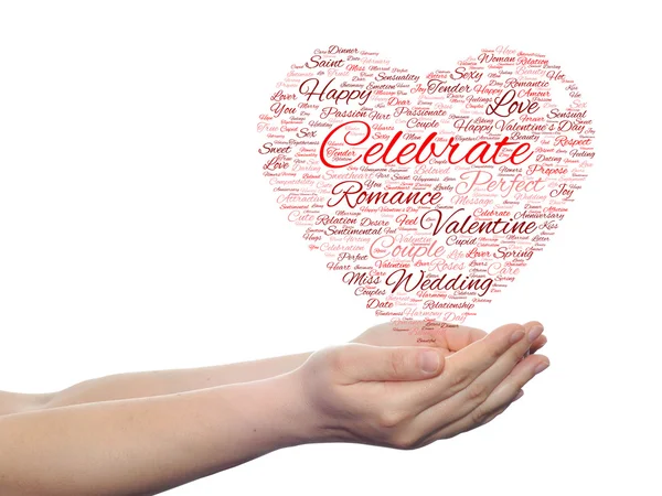 Día de San Valentín wordcloud en las manos — Foto de Stock