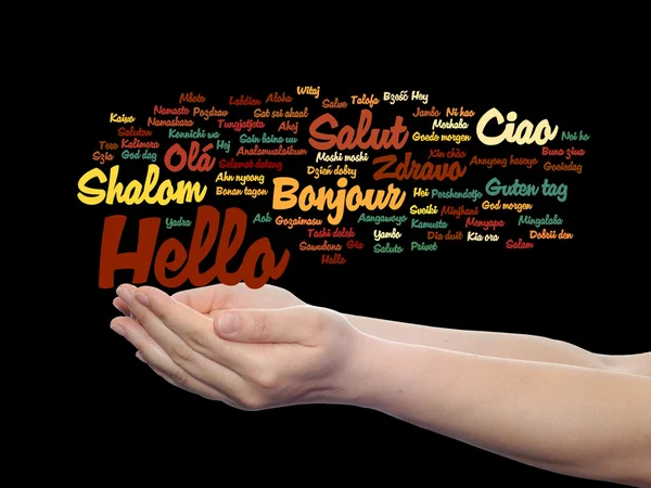 Abstract greeting word cloud on hands — Stock Photo, Image