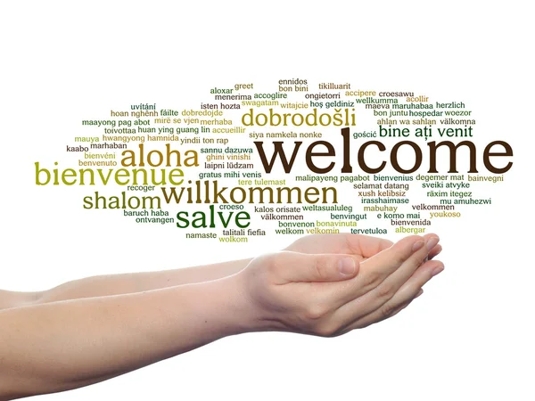 Welcome  word cloud in hands — Stock Photo, Image
