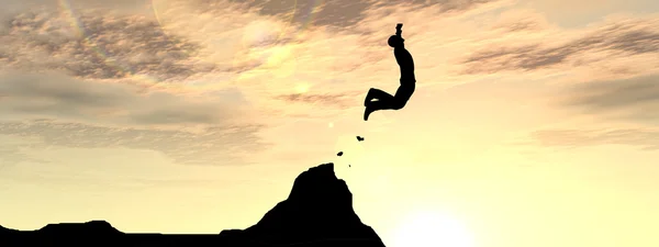 Силуэт человека, прыгающего со скалы — стоковое фото