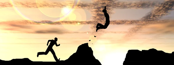 Sylwetka człowieka, skacząc z urwiska — Zdjęcie stockowe