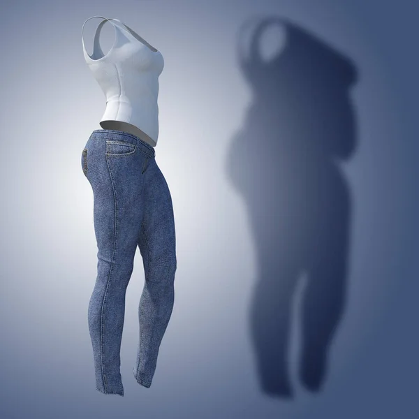 Conceptual Grasa Sobrepeso Obesidad Sombra Mujer Jeans Camiseta Slim Fit —  Fotos de Stock