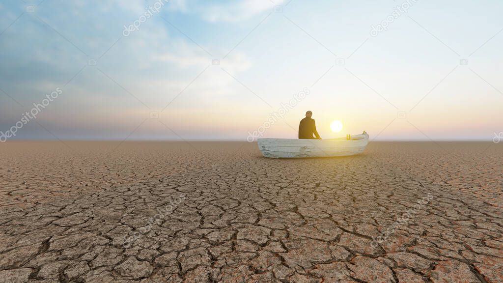 Concept or conceptual desert landscape with a man in a boat as a metaphor for global warming and climate change. A warning for the need to protect our environment and future 3d illustration