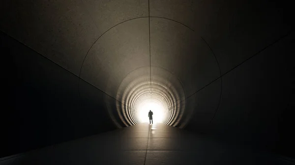 未来や希望 新しい機会や自由3Dイラストに人を歩くの黒のシルエットへのメタファーとしての終わりまたは出口で明るい光を持つ概念や概念ダークトンネル — ストック写真
