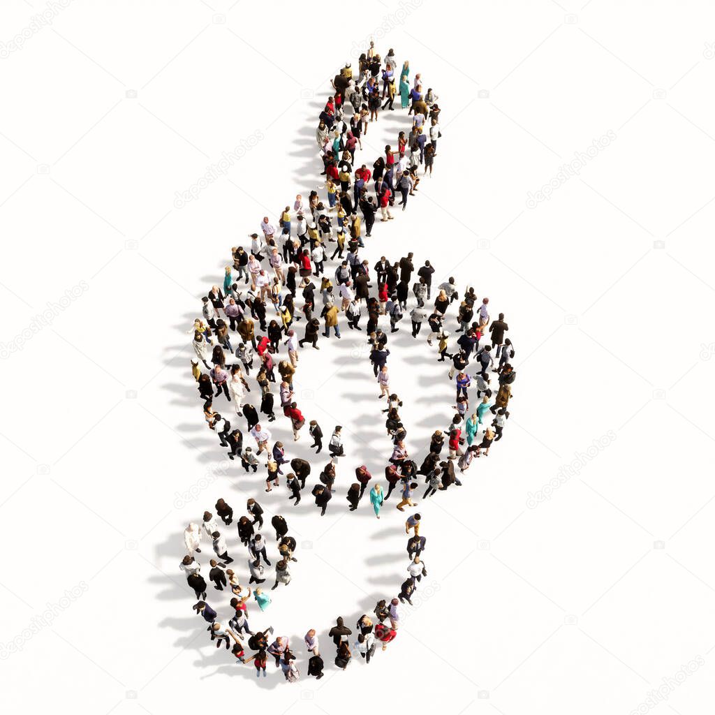 Concept or conceptual large community of people forming the image of a musical note on white background. A 3d illustration metaphor for music, concert, accoustic, orchestra, education and culture 