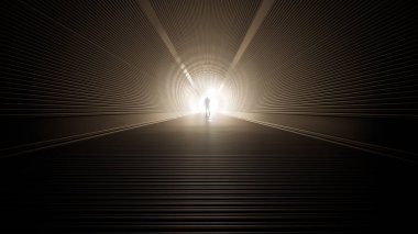 Başarının, inancın, geleceğin ya da umudun metaforu olarak parlak bir ışığa sahip kavramsal ya da kavramsal karanlık tünel ya da kavramsal karanlık tünel, yürüyen adamın yeni fırsatlara ya da özgürlüğe giden siyah silueti.