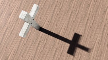 Doğal ahşap ya da ahşap güverte zemininde kavramsal beyaz bilye haçı. Tanrı, İsa, din, inanç, kutsal, ruhani, İsa, inanç, diriliş için 3D metaforu