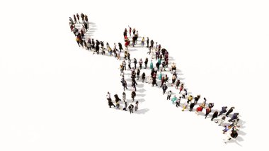 Beyaz arka planda bir tenisçinin görüntüsü olarak büyük bir insan topluluğunu kavramsal ya da kavramsal olarak algılayın. Spor, rekabet, eğitim, rahatlama, aile ve eğlence için üç boyutlu bir metafor