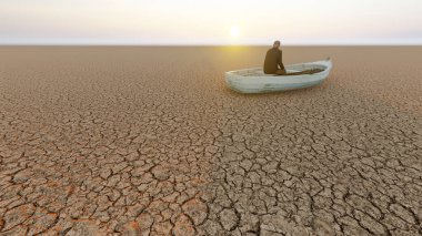 Küresel ısınma ve iklim değişikliğinin metaforu olarak kayıktaki bir adamla kavramsal veya kavramsal çöl manzarası. Çevremizi ve gelecekteki 3D illüstrasyonumuzu koruma ihtiyacı için bir uyarı