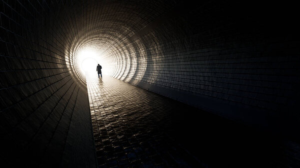 Концепция или концептуальный темный туннель с ярким светом в конце или выход в качестве метафоры успеха, веры, будущего или надежды, черный силуэт ходьба человека к новой возможности или свободы 3D иллюстрации