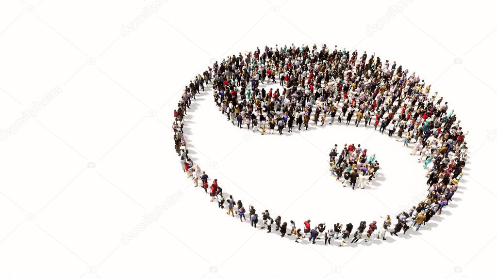 Concept or conceptual large gathering of people forming the image of the chinese symbol of Yin-Yang as opposing and complementary forces. A 3d illustration metaphor for taoism, meditation and balance