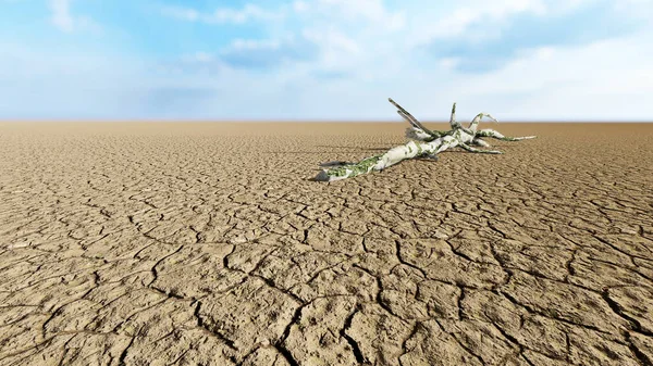 Concept or conceptual desert landscape with a parched tree trunck as a metaphor for global warming and climate change. A warning for the need to protect our environment and future 3d illustration