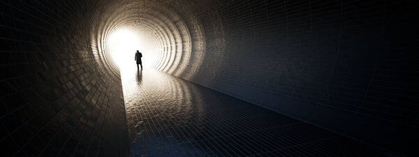 Концепция или концептуальный темный туннель с ярким светом в конце или выход в качестве метафоры успеха, веры, будущего или надежды на новую возможность или свободу 3D иллюстрации