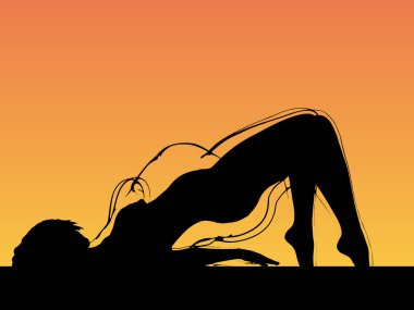 Vektör kavramsal şişman, şişman, şişman kadın, kilo verdikten sonra zayıf vücuda uyuyor ya da gün batımında kasları zayıf genç bir kadınla besleniyor. Fitness, beslenme veya şişmanlık obezite, sağlık şekli