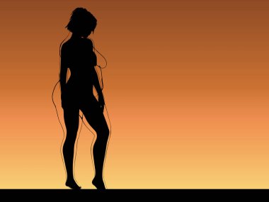 Vektör kavramsal şişman, şişman, şişman kadın, kilo verdikten sonra zayıf vücuda uyuyor ya da gün batımında kasları zayıf genç bir kadınla besleniyor. Fitness, beslenme veya şişmanlık obezite, sağlık şekli