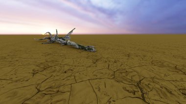 Küresel ısınma ve iklim değişikliğinin metaforu olarak kavrulmuş bir ağaç gövdesine sahip kavramsal veya kavramsal çöl manzarası. Çevremizi ve gelecekteki 3D illüstrasyonumuzu koruma ihtiyacı için bir uyarı