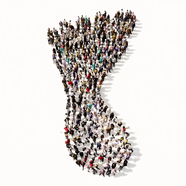 Concept or conceptual large community of people forming the image of a barefoot on white background. A 3d illustration metaphor for nature, health, environment, carbon footprint and climate change