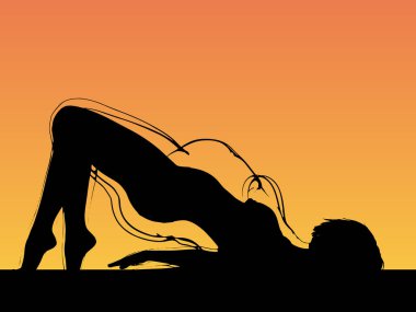 Vektör kavramsal şişman, şişman, şişman kadın, kilo verdikten sonra zayıf vücuda uyuyor ya da gün batımında kasları zayıf genç bir kadınla besleniyor. Fitness, beslenme veya şişmanlık obezite, sağlık şekli