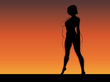 Vektör kavramsal şişman, şişman, şişman kadın, kilo verdikten sonra zayıf vücuda uyuyor ya da gün batımında kasları zayıf genç bir kadınla besleniyor. Fitness, beslenme veya şişmanlık obezite, sağlık şekli