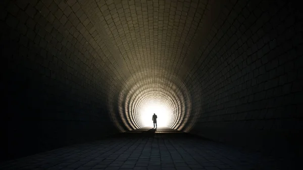 Concept or conceptual dark tunnel with a bright light at the end or exit as metaphor to success, faith, future or hope, a black silhouette of walking man to new opportunity or freedom 3d illustration