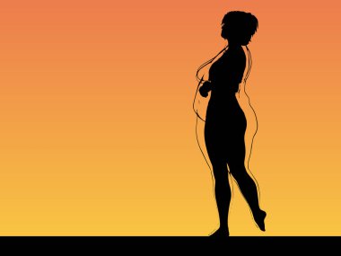 Vektör kavramsal şişman, şişman, şişman kadın, kilo verdikten sonra zayıf vücuda uyuyor ya da gün batımında kasları zayıf genç bir kadınla besleniyor. Fitness, beslenme veya şişmanlık obezite, sağlık şekli