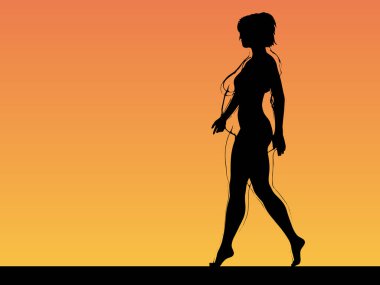 Vektör kavramsal şişman, şişman, şişman kadın, kilo verdikten sonra zayıf vücuda uyuyor ya da gün batımında kasları zayıf genç bir kadınla besleniyor. Fitness, beslenme veya şişmanlık obezite, sağlık şekli