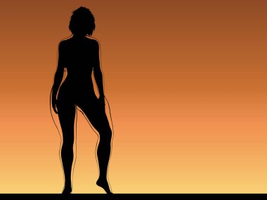 Vektör kavramsal şişman, şişman, şişman kadın, kilo verdikten sonra zayıf vücuda uyuyor ya da gün batımında kasları zayıf genç bir kadınla besleniyor. Fitness, beslenme veya şişmanlık obezite, sağlık şekli