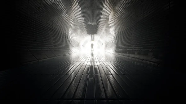 Concept or conceptual dark tunnel with a bright light at the end or exit as metaphor to success, faith, future or hope, a black silhouette of walking man to new opportunity or freedom 3d illustration