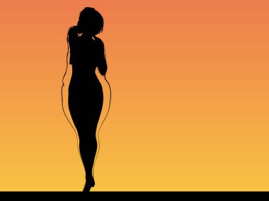 Vektör kavramsal şişman, şişman, şişman kadın, kilo verdikten sonra zayıf vücuda uyuyor ya da gün batımında kasları zayıf genç bir kadınla besleniyor. Fitness, beslenme veya şişmanlık obezite, sağlık şekli