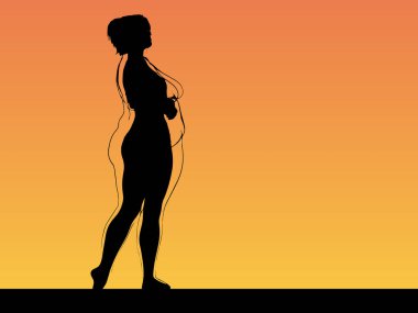 Kavramsal şişman şişman şişman kadın zayıfa karşı kilo verdikten sonra sağlıklı vücuda uyuyor ya da gün batımında kasları zayıf genç bir kadınla diyet yapıyor. Fitness, beslenme veya şişmanlık obezite, sağlık şekli 3D illüstrasyon