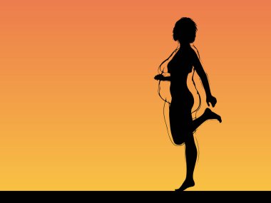 Vektör kavramsal şişman, şişman, şişman kadın, kilo verdikten sonra zayıf vücuda uyuyor ya da gün batımında kasları zayıf genç bir kadınla besleniyor. Fitness, beslenme veya şişmanlık obezite, sağlık şekli