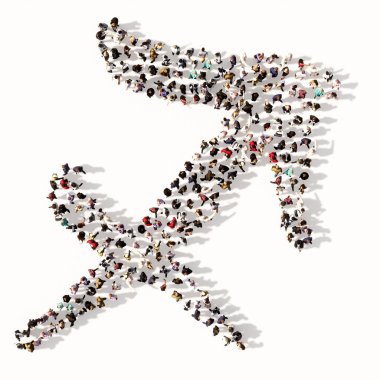 Beyaz arka planda bir yay burcu işareti oluşturan insanların kavramsal ya da kavramsal olarak büyük bir araya gelmesi. Ezoterik, mistik ve astrolojinin gücünün 3 boyutlu bir sembolü.