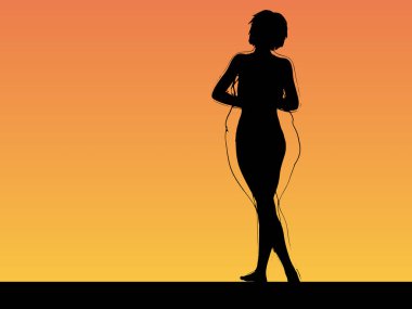 Kavramsal şişman şişman şişman kadın zayıfa karşı kilo verdikten sonra sağlıklı vücuda uyuyor ya da gün batımında kasları zayıf genç bir kadınla diyet yapıyor. Fitness, beslenme veya şişmanlık obezite, sağlık şekli 3D illüstrasyon