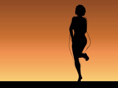 Vektör kavramsal şişman, şişman, şişman kadın, kilo verdikten sonra zayıf vücuda uyuyor ya da gün batımında kasları zayıf genç bir kadınla besleniyor. Fitness, beslenme veya şişmanlık obezite, sağlık şekli