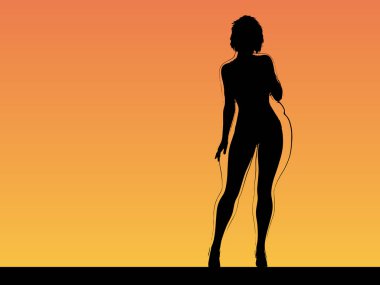 Vektör kavramsal şişman, şişman, şişman kadın, kilo verdikten sonra zayıf vücuda uyuyor ya da gün batımında kasları zayıf genç bir kadınla besleniyor. Fitness, beslenme veya şişmanlık obezite, sağlık şekli