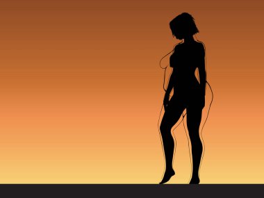 Vektör kavramsal şişman, şişman, şişman kadın, kilo verdikten sonra zayıf vücuda uyuyor ya da gün batımında kasları zayıf genç bir kadınla besleniyor. Fitness, beslenme veya şişmanlık obezite, sağlık şekli