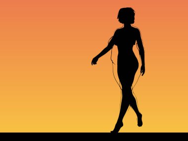 Vektör kavramsal şişman, şişman, şişman kadın, kilo verdikten sonra zayıf vücuda uyuyor ya da gün batımında kasları zayıf genç bir kadınla besleniyor. Fitness, beslenme veya şişmanlık obezite, sağlık şekli